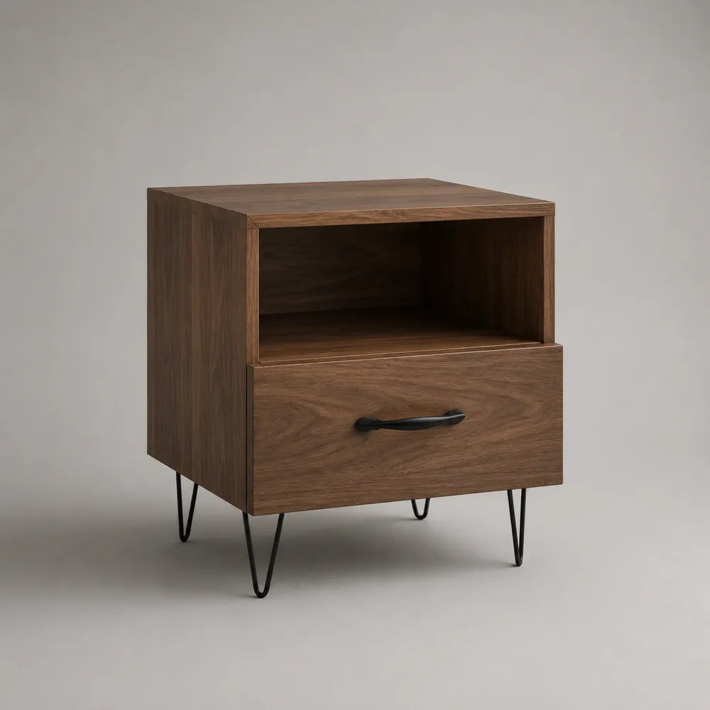 Comodino rettangolare in MDF effetto noce marrone con cassetto vano aperto gambe in acciaio 50 x 40 x 55 cm