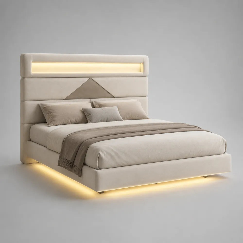Letto matrimoniale 160 x 200 cm beige imbottito con testiera alta illuminazione LED e rivestimento in tessuto poliestere