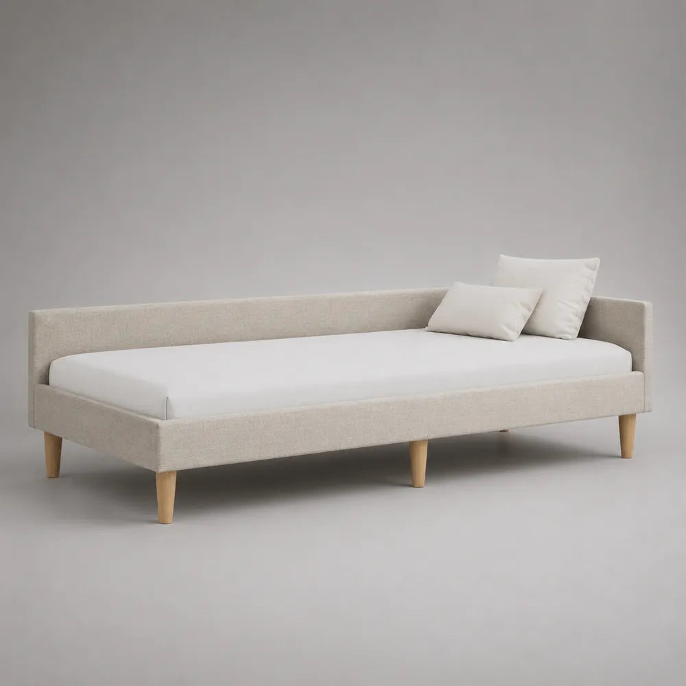 Letto singolo imbottito rettangolare in tessuto beige con piedi in legno naturale 90 x 200 cm