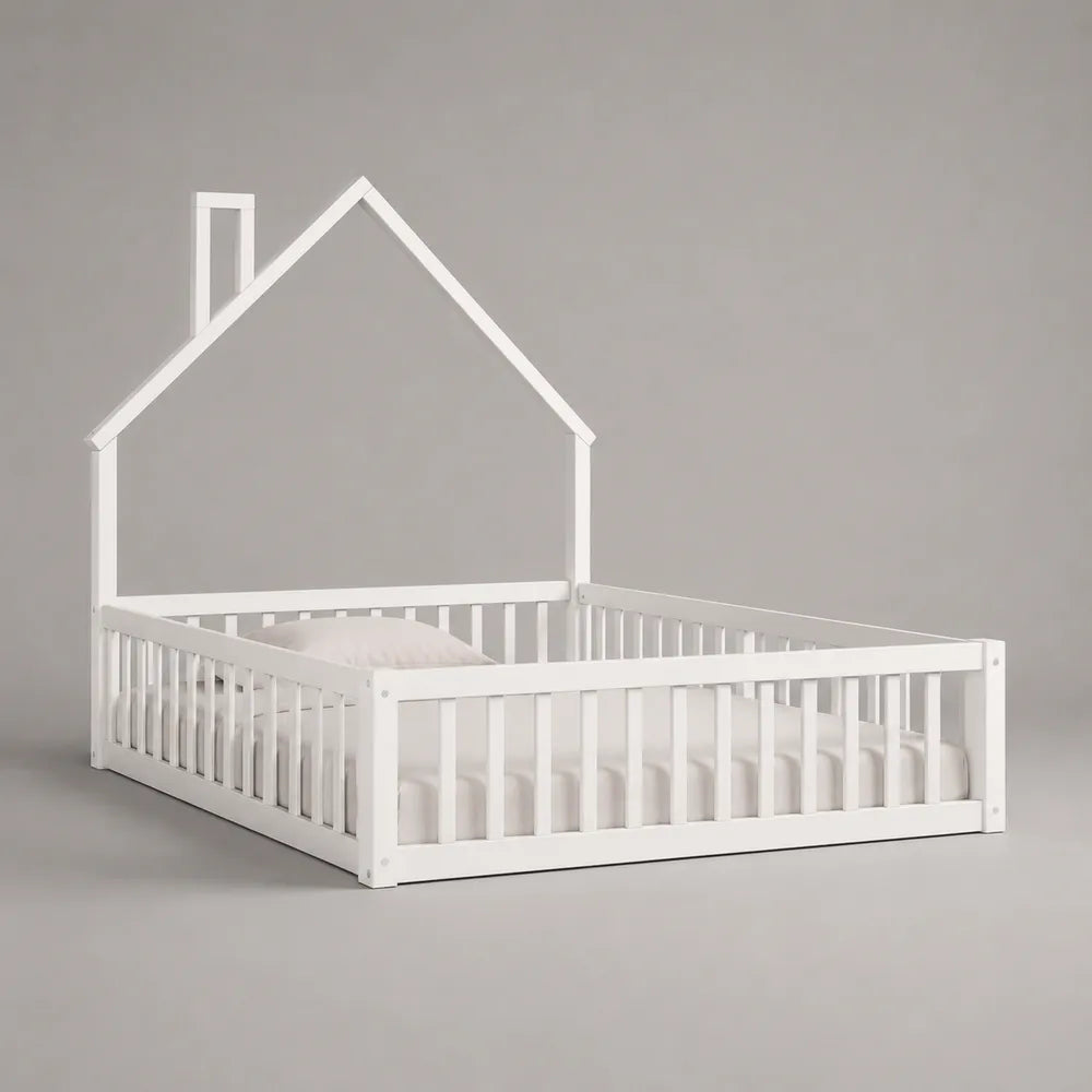 Letto singolo a casetta 90 x 200 cm in legno massello bianco con struttura a tetto e sponde protettive