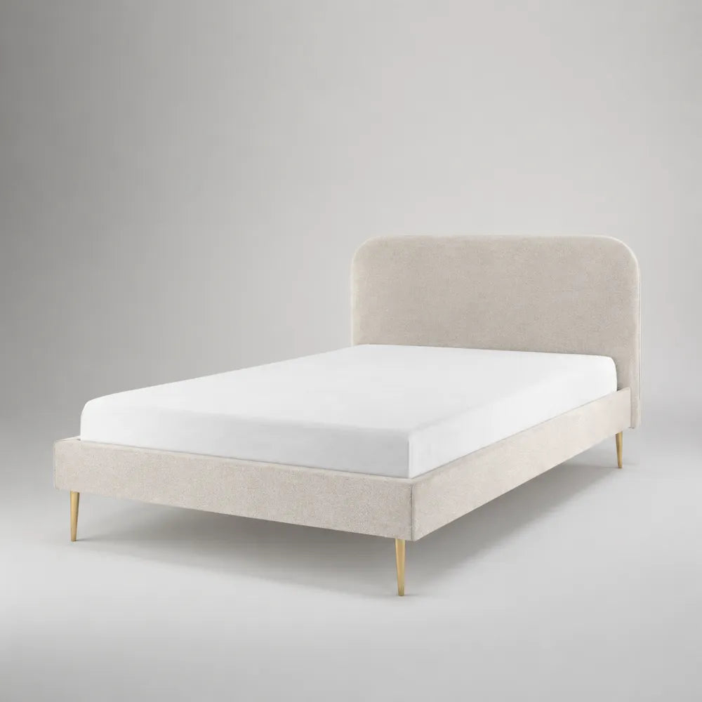 Letto matrimoniale 160 x 200 cm beige con struttura imbottita in tessuto poliestere e gambe in metallo dorato