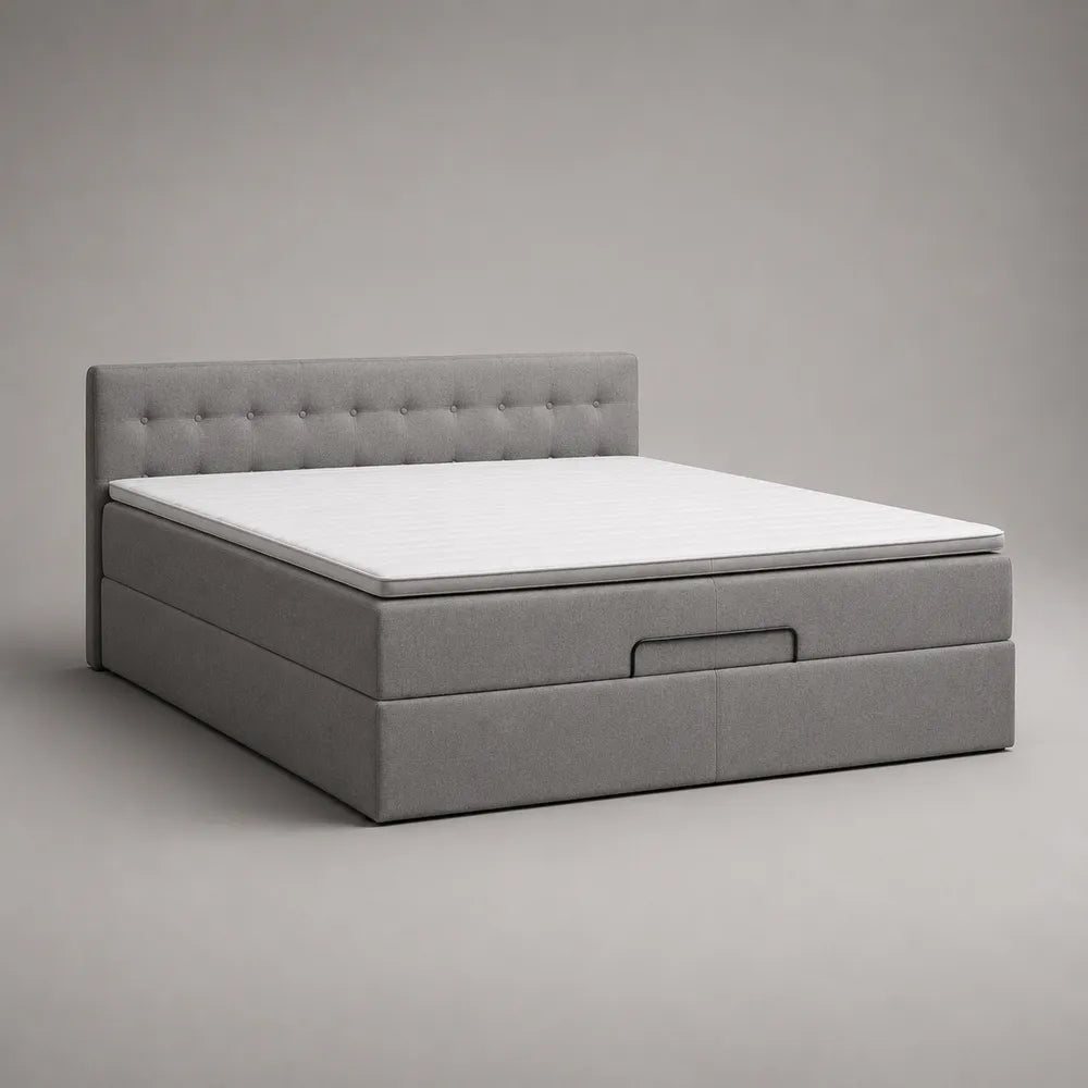 Letto matrimoniale contenitore 160 x 200 cm grigio chiaro con testiera imbottita trapuntata in tessuto poliestere