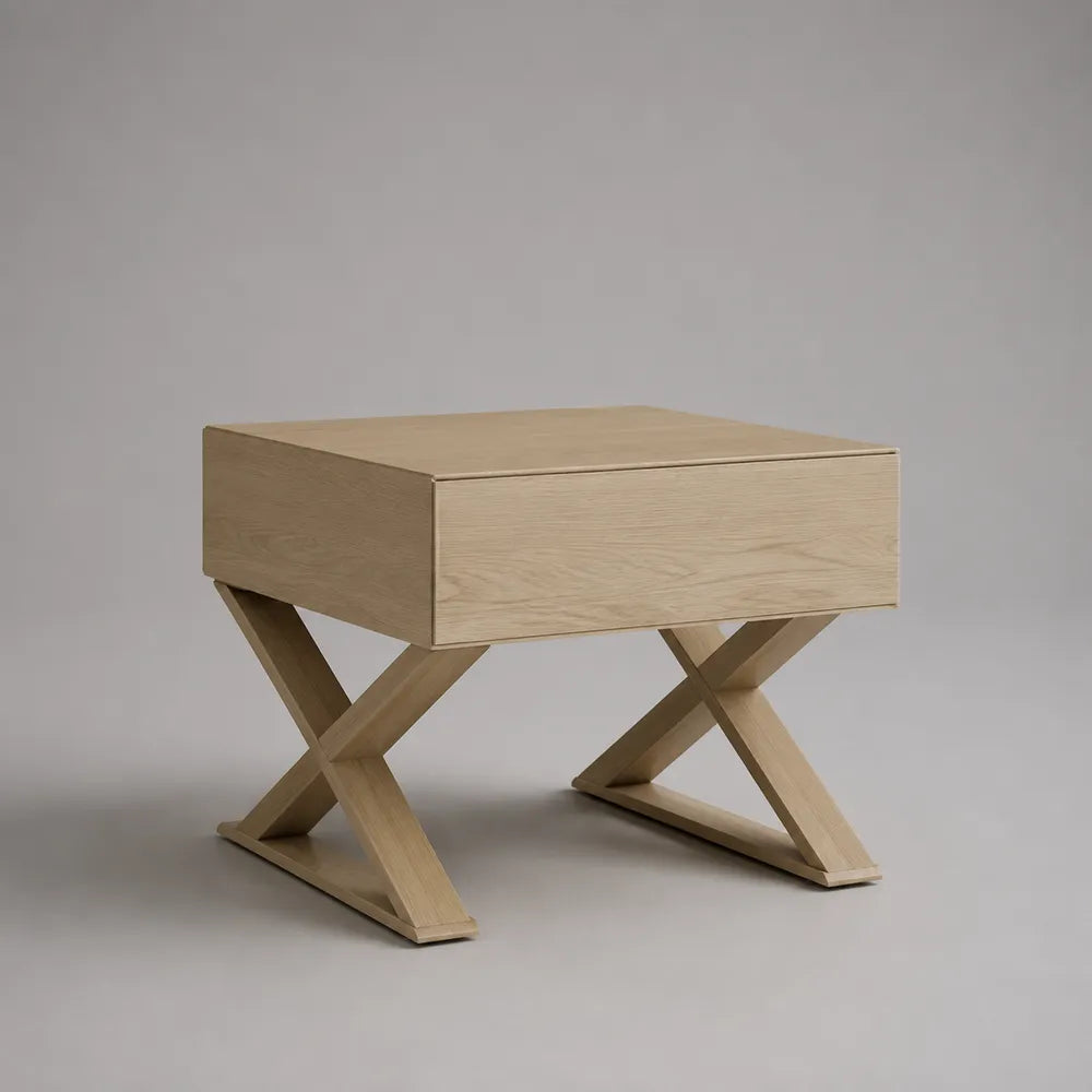 Comodino rettangolare in MDF effetto rovere chiaro con cassetto e gambe incrociate 60 x 40 x 50 cm