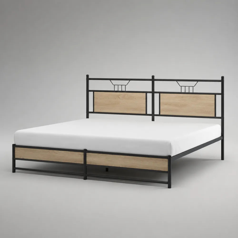 Letto matrimoniale 160 x 200 cm in metallo nero con testiera e pediera MDF effetto rovere chiaro