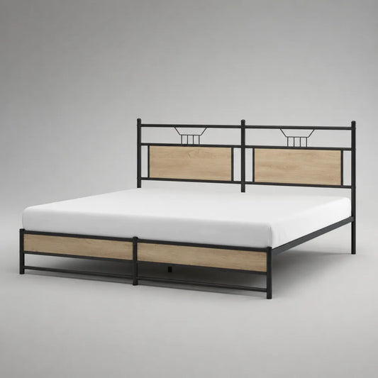 Letto matrimoniale 160 x 200 cm in metallo nero con testiera e pediera MDF effetto rovere chiaro