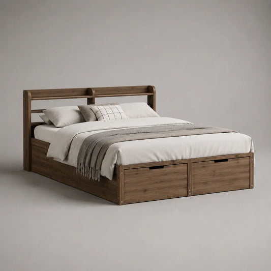 Letto matrimoniale contenitore in MDF effetto noce marrone con cassetti frontali e testiera 180 x 200 cm