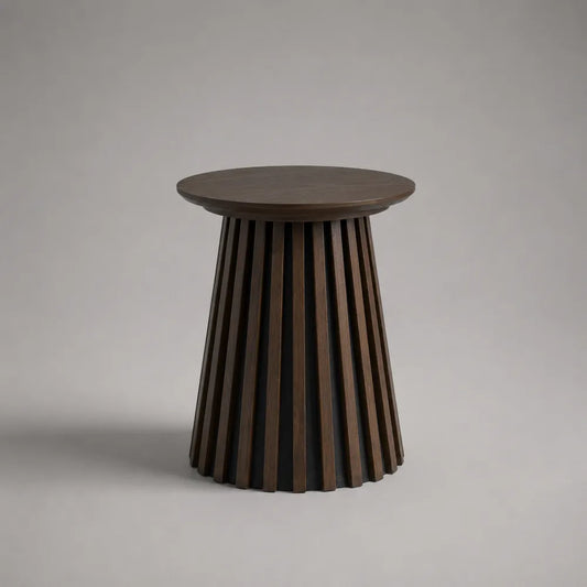 Comodino rotondo in legno marrone con base scanalata cilindrica 45 x 45 x 55 cm