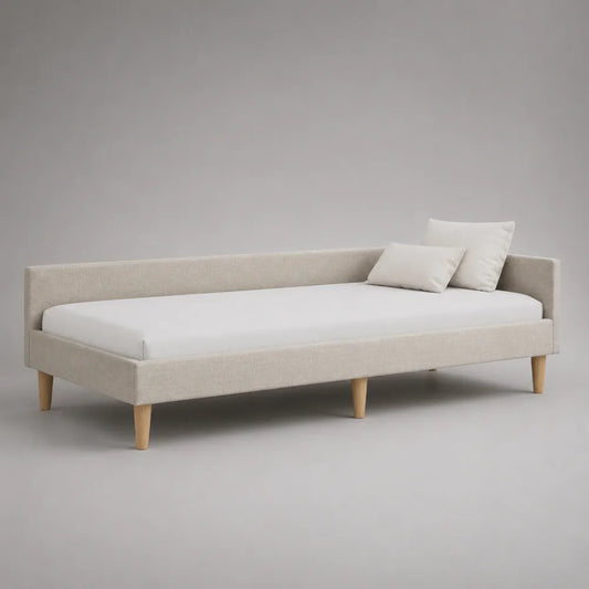 Letto singolo imbottito rettangolare in tessuto beige con piedi in legno naturale 90 x 200 cm
