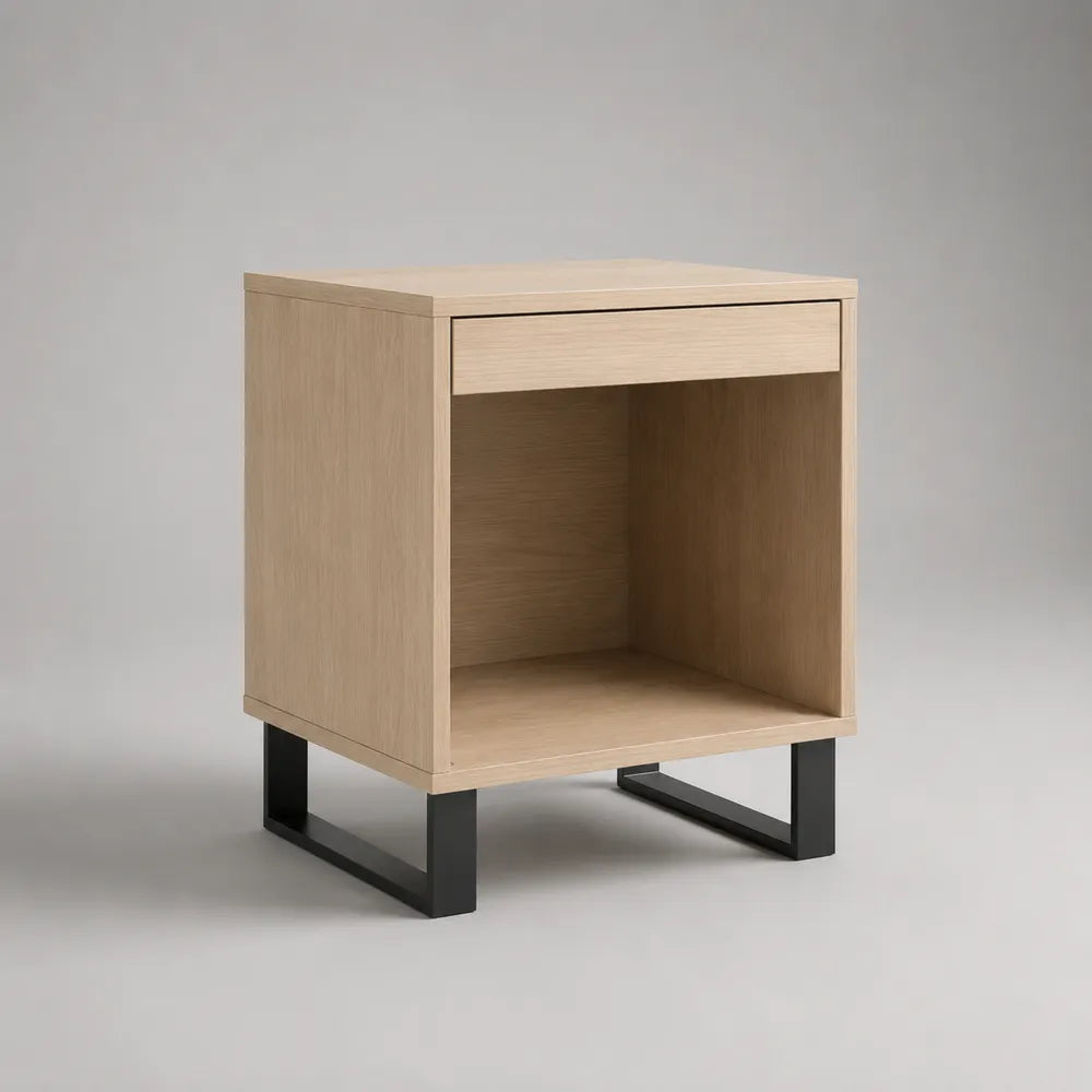 Comodino rettangolare in MDF effetto rovere chiaro con cassetto vano aperto gambe in acciaio nero 45 x 40 x 55 cm
