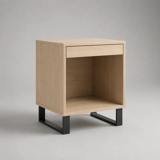 Comodino rettangolare in MDF effetto rovere chiaro con cassetto vano aperto gambe in acciaio nero 45 x 40 x 55 cm
