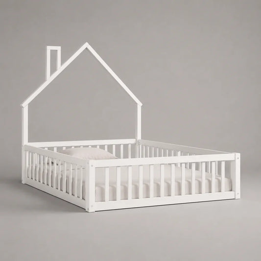 Letto singolo a casetta 90 x 200 cm in legno massello bianco con struttura a tetto e sponde protettive