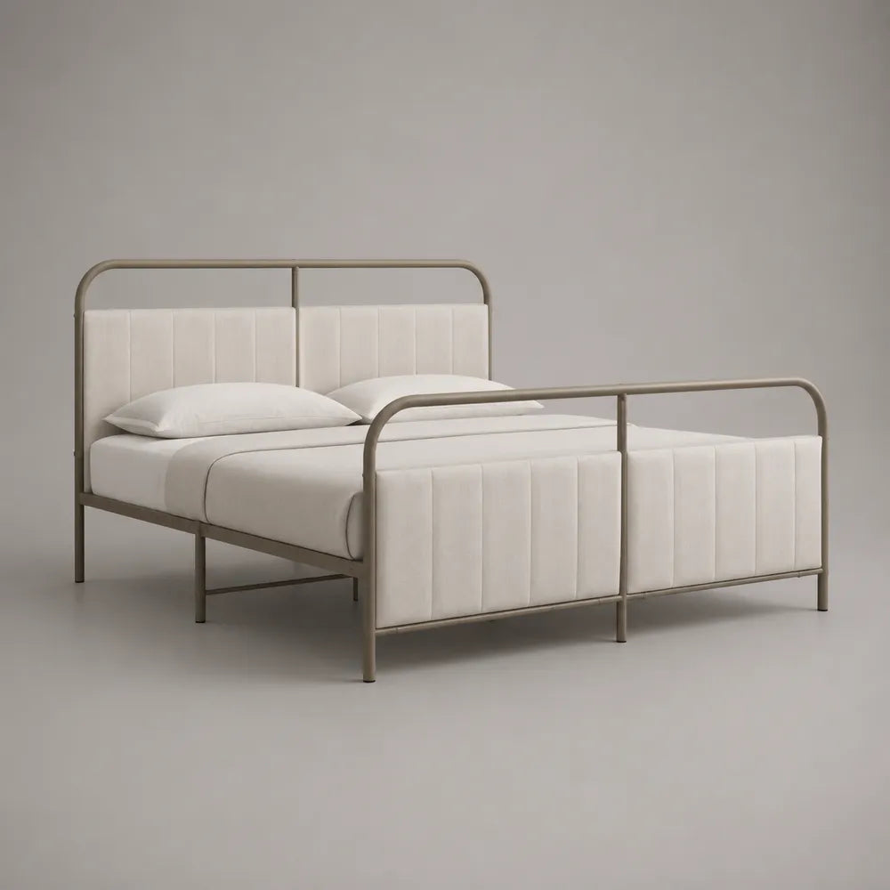 Letto matrimoniale 160 x 200 cm beige chiaro con testiera e pediera imbottite in tessuto poliestere e struttura in metallo