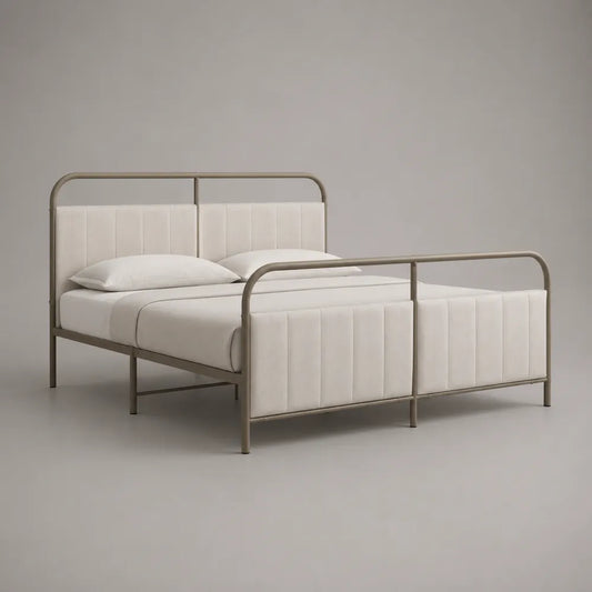 Letto matrimoniale 160 x 200 cm beige chiaro con testiera e pediera imbottite in tessuto poliestere e struttura in metallo