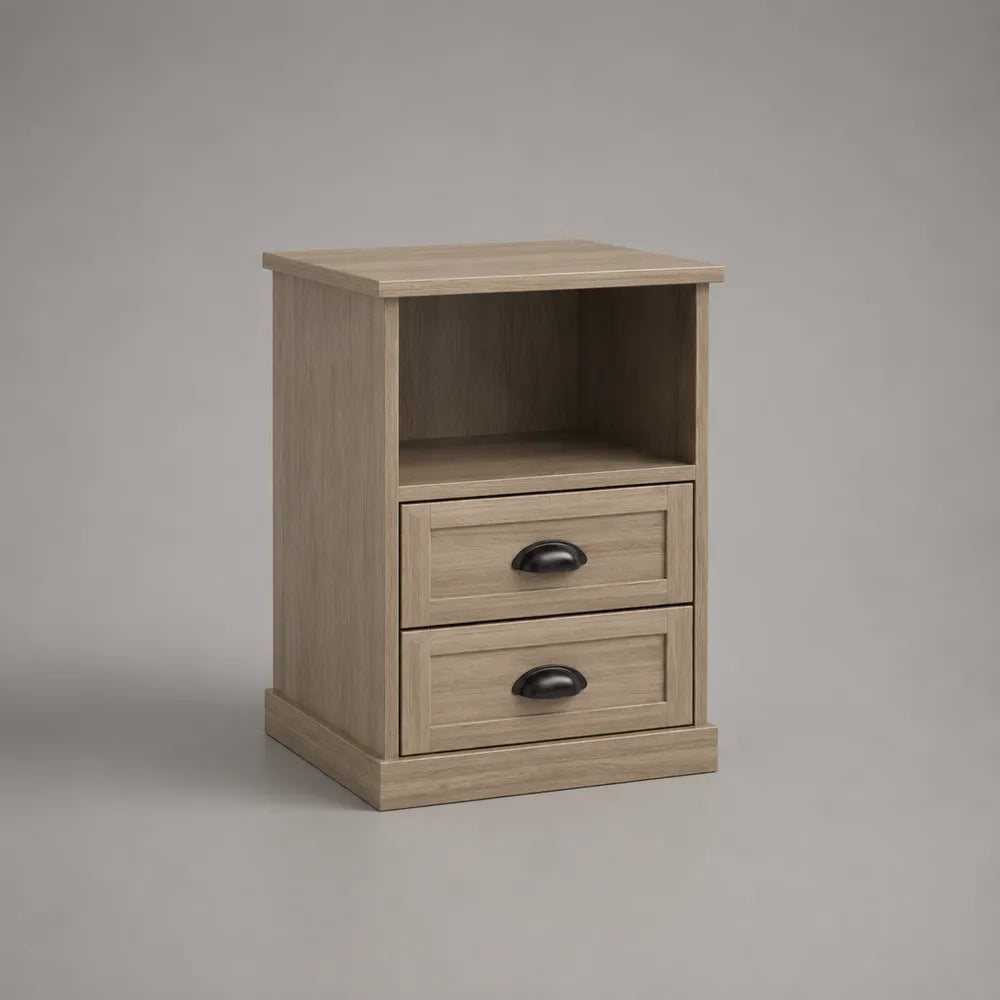 Comodino rettangolare in legno effetto rovere chiaro con 2 cassetti e vano aperto 45 x 40 x 60 cm