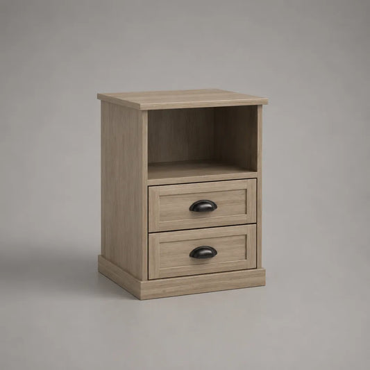 Comodino rettangolare in legno effetto rovere chiaro con 2 cassetti e vano aperto 45 x 40 x 60 cm