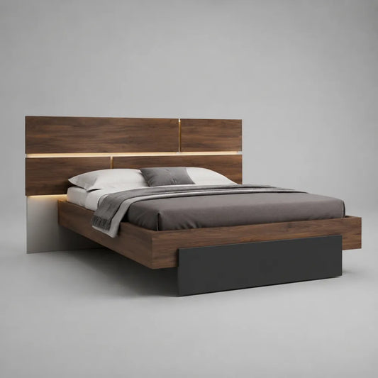Letto matrimoniale con struttura in MDF effetto noce testiera rettangolare LED e pannello nero 160 x 200 cm
