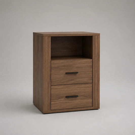 Comodino rettangolare in MDF effetto noce marrone con due cassetti e vano aperto 50 x 40 x 60 cm