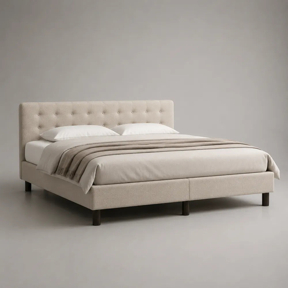 Letto matrimoniale 160 x 200 cm beige con testiera imbottita capitonné in tessuto poliestere e gambe nere