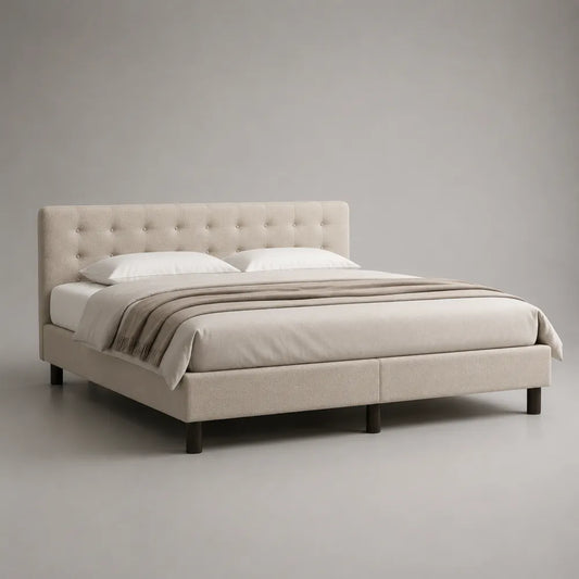 Letto matrimoniale 160 x 200 cm beige con testiera imbottita capitonné in tessuto poliestere e gambe nere