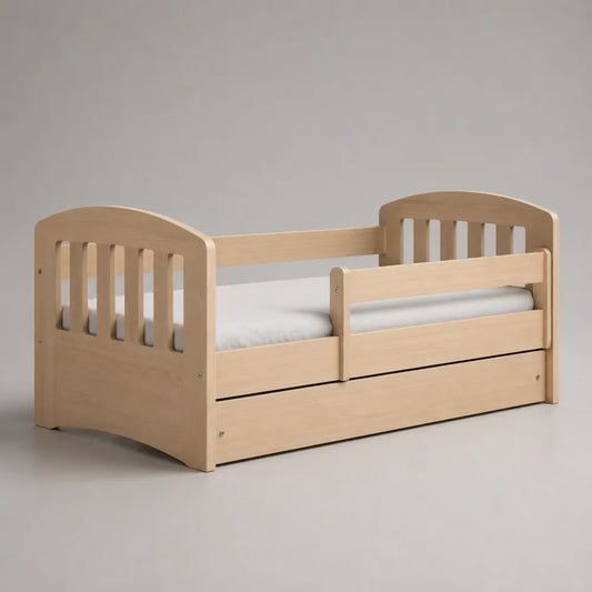 Letto singolo per bambini in MDF effetto acero chiaro con barriera laterale e sponde protettive 90 x 200 cm