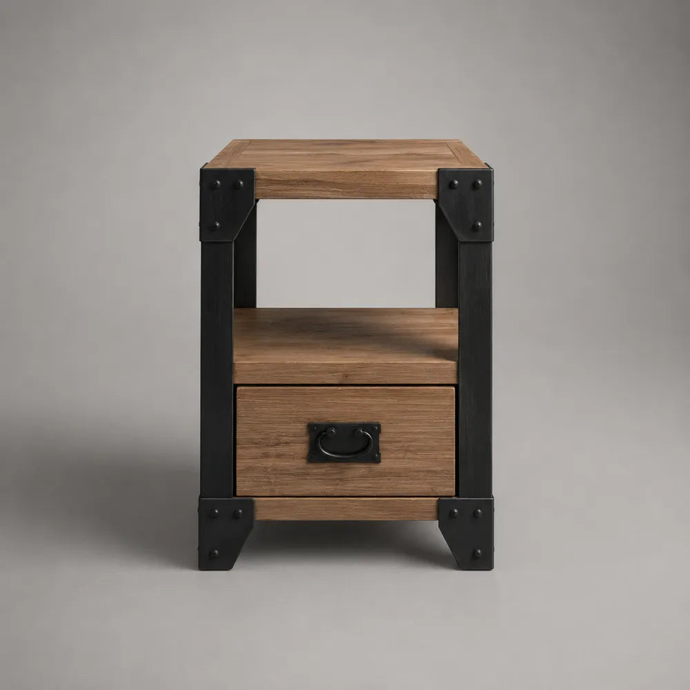 Comodino rettangolare in MDF effetto legno marrone con cassetto ripiano aperto e struttura nera 45 x 40 x 60 cm