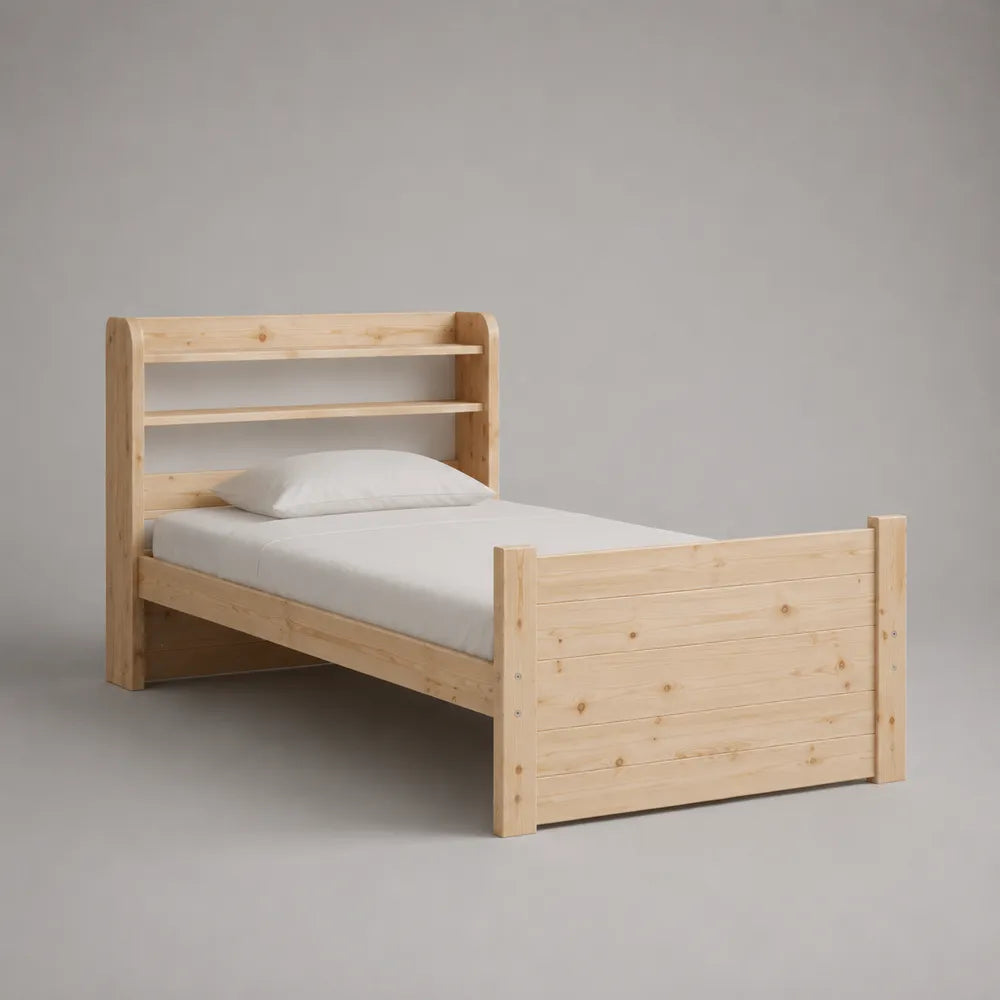 Letto singolo 90 x 200 cm in legno di pino naturale con testiera a mensole e pediera
